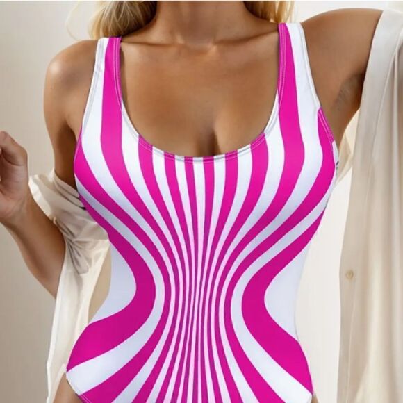 NEW! Optical Illusion Swirled Vertical Stripe Hot Pink One Piece Swim Suit Hot - Picture 2 of 6